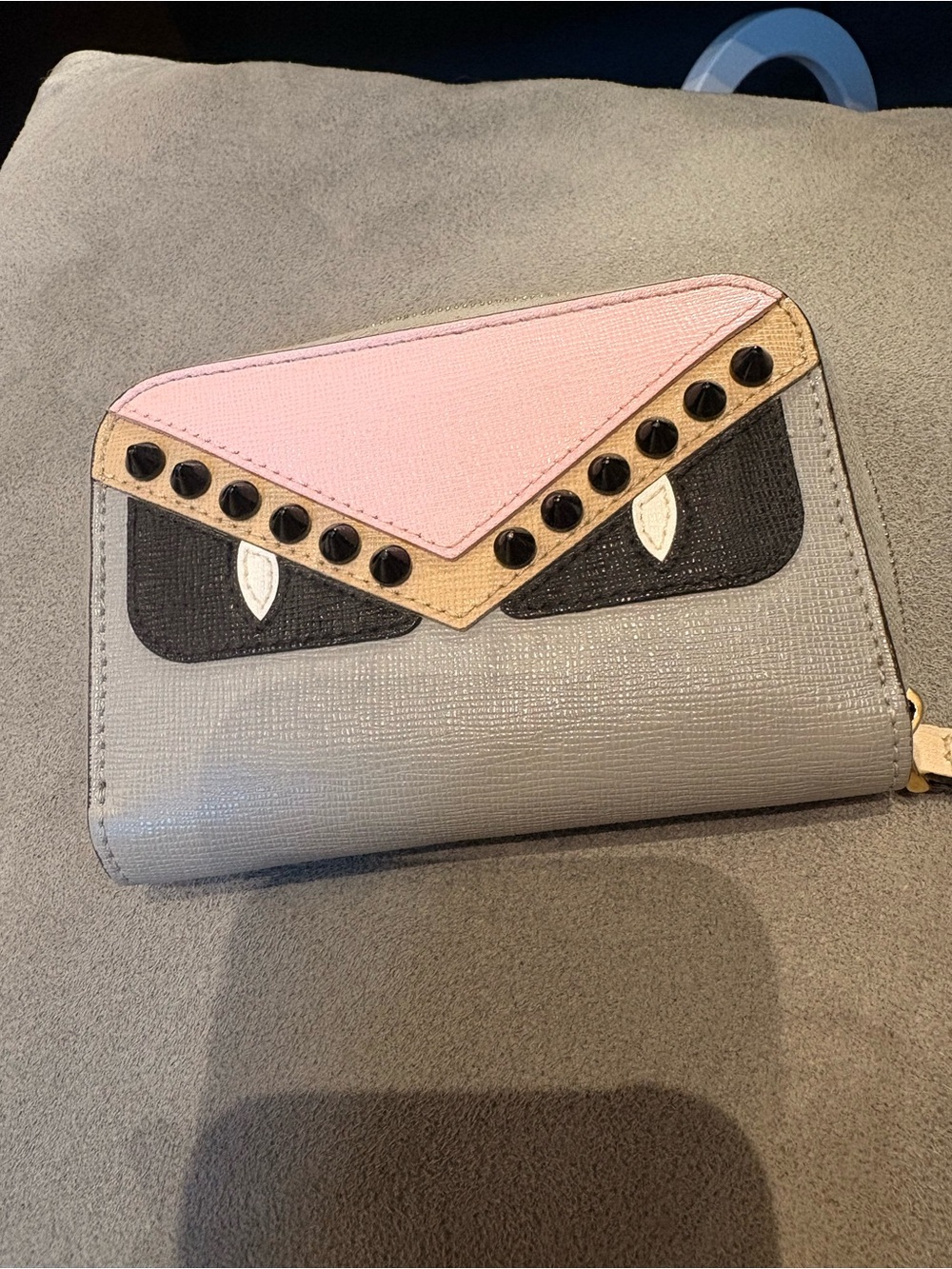 Fendi Vitello Elite Monster Eyes Studded Mini Zip Around Wallet